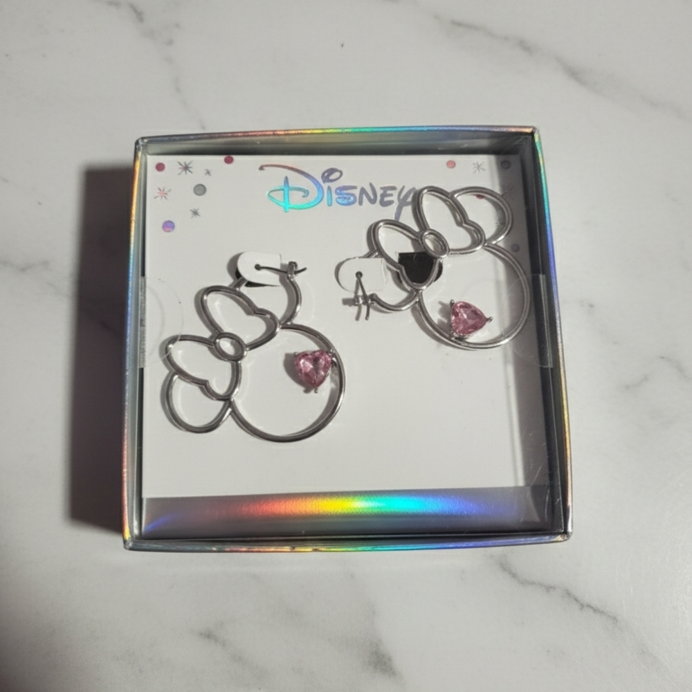 Disney Silver Earrings with Pink Heart Accents